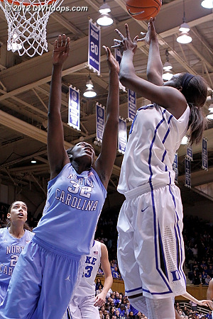 Williams scores over Rolle for a 39-21 Duke advantage  - Duke Tags: #1 Elizabeth Williams - UNC Players: #32 Waltiea Rolle 
