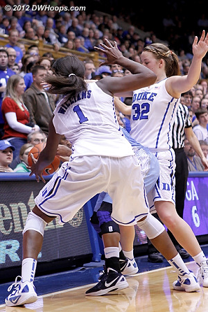 Williams steal  - Duke Tags: #1 Elizabeth Williams, #32 Tricia Liston - UNC Players: #11 Brittany Rountree 