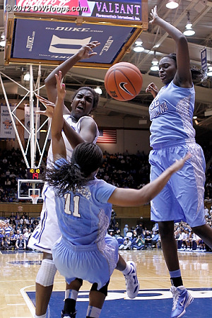 Oops, charge, that's foul #4 and a nice play by Rountree  - Duke Tags: #1 Elizabeth Williams - UNC Players: #11 Brittany Rountree, #32 Waltiea Rolle 