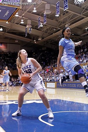 Tricia Liston neatly stops in the break as Rountree can't  - Duke Tags: #32 Tricia Liston - UNC Players: #11 Brittany Rountree 