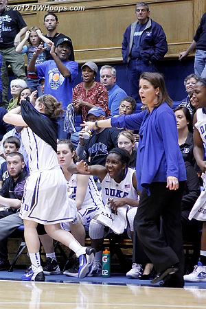 Frush sent in to rousing cheers  - Duke Tags: #1 Elizabeth Williams, #35 Jenna Frush, Joanne P. McCallie 