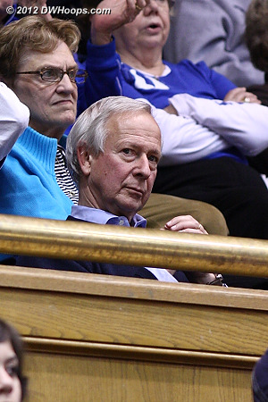 President Brodhead looks on from above, we just missed a shot of him dancing during a time out  - Duke Tags: Fans 