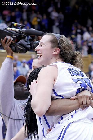 Freshman celebration at midcourt  - Duke Tags: #14 Ka'lia Johnson, #35 Jenna Frush 