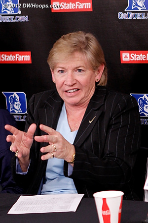 Responding to a question from Rob, Coach Hatchell discusses how hard it was to get the ball into the hole in the middle of Duke's zone  - UNC Players: Head Coach Sylvia Hatchell 