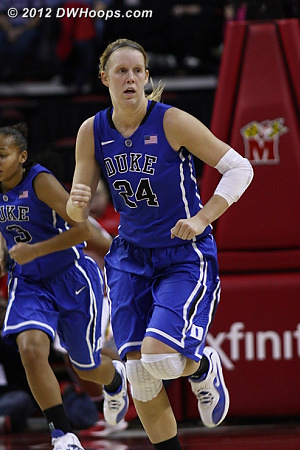Kathleen Scheer hustles back on defense after hitting a huge shot-clock beating trey - Duke back on top 27-24