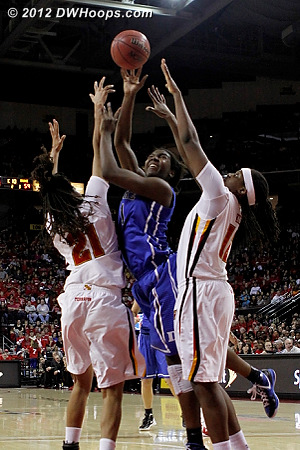 Elizabeth Williams was well guarded, unable to sink this jumper with 1:09 left