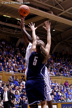 Duke's first basket came from Williams  - Duke Tags: #1 Elizabeth Williams - CONN Players: #5 Caroline Doty 
