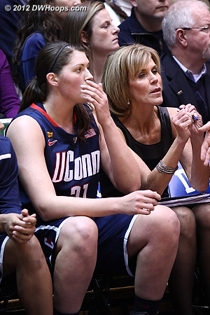 On the bench after foul #2  - CONN Players: #31 Stefanie Dolson, Assistant Coach Chris Dailey 