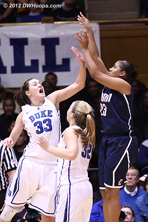 KML shot well defended by Peters  - Duke Tags: #33 Haley Peters - CONN Players: #23 Kaleena Mosqueda-Lewis 