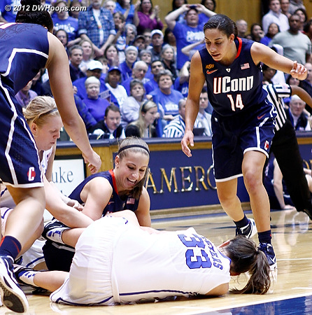 One of many tie-up scrambles  - Duke Tags: #33 Haley Peters - CONN Players: #5 Caroline Doty, #14 Bria Hartley 