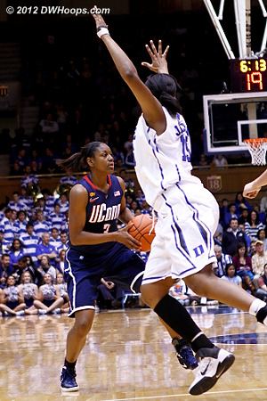 Jackson turns Hayes back  - Duke Tags: #15 Richa Jackson - CONN Players: #3 Tiffany Hayes 