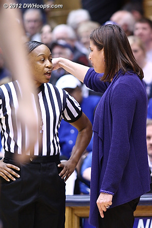 Coach P pleads her case to Felicia Gritner, nice body language from both in this shot  - Duke Tags: Joanne P. McCallie 