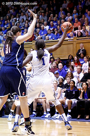 Receiving an entry pass far from the paint  - Duke Tags: #1 Elizabeth Williams - CONN Players: #31 Stefanie Dolson 
