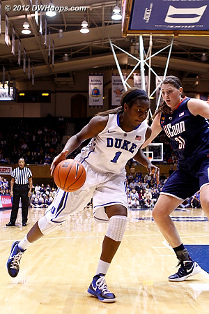 Williams drives on Dolson - beginning of a multi-frame sequence for members  - Duke Tags: #1 Elizabeth Williams - CONN Players: #31 Stefanie Dolson 
