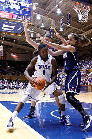 Double-team comes from Doty  - Duke Tags: #1 Elizabeth Williams - CONN Players: #5 Caroline Doty, #31 Stefanie Dolson 