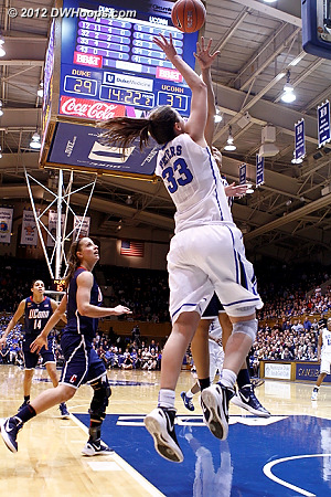 Rejection by Stokes, she had five tonight  - Duke Tags: #33 Haley Peters - CONN Players: #41 Kiah Stokes 