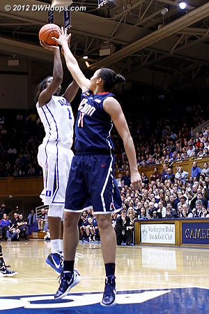 Stokes pushes Williams far enough out again to make it tough, and she misses.  - Duke Tags: #1 Elizabeth Williams - CONN Players: #41 Kiah Stokes 