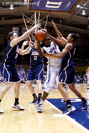 Williams swarmed  - Duke Tags: #1 Elizabeth Williams - CONN Players: #31 Stefanie Dolson, #34 Kelly Faris, #41 Kiah Stokes 
