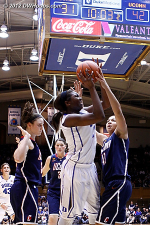 Finally the whistle stopped play, foul on Stokes before any shot  - Duke Tags: #1 Elizabeth Williams - CONN Players: #34 Kelly Faris, #41 Kiah Stokes 
