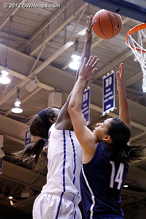 Williams goes all the way to the rim but by now just can't hit anything  - Duke Tags: #1 Elizabeth Williams - CONN Players: #14 Bria Hartley 