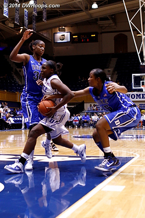 Jackson reaches in on Gray  - Duke Tags: #30 Amber Henson, #15 Richa Jackson, #12 Chelsea Gray 