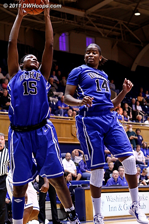 Jackson grabs the board as Johnson tries to avoid her  - Duke Tags: #15 Richa Jackson, #14 Ka'lia Johnson 