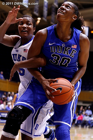 Jackson gets an arm in on Henson, and the foul  - Duke Tags: #30 Amber Henson, #15 Richa Jackson 