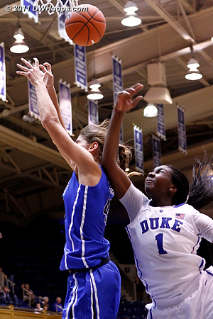 Continued physical play  - Duke Tags: #43 Allison Vernerey, #1 Elizabeth Williams 
