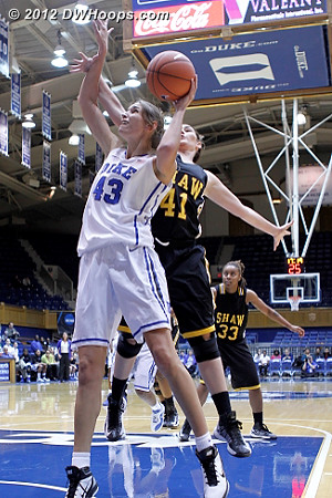 Vernerey fends off Anderson to score again  - Duke Tags: #43 Allison Vernerey - SHAW Players: #41 Jessica Anderson 