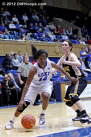 Ka'lia turns the corner  - Duke Tags: #14 Ka'lia Johnson - SHAW Players: #41 Jessica Anderson 