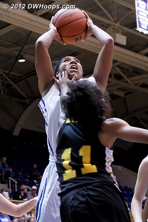 Diamond Mitchell checks Sierra Moore's pulse during a jump shot  - Duke Tags: #5 Sierra Moore - SHAW Players: #11 Diamond Mitchell 