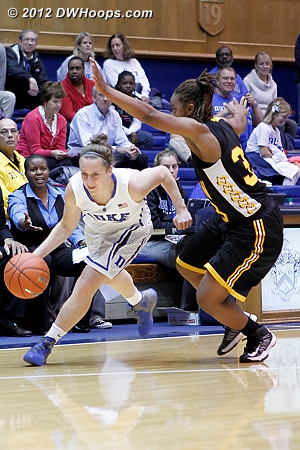 Crowd favorite Jenna Frush saw action at the end of both halves of play  - Duke Tags: #35 Jenna Frush - SHAW Players: #33 Crystal Wilson 