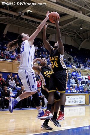Battle for a rebound  - Duke Tags: #33 Haley Peters - SHAW Players: #34 Adana David 