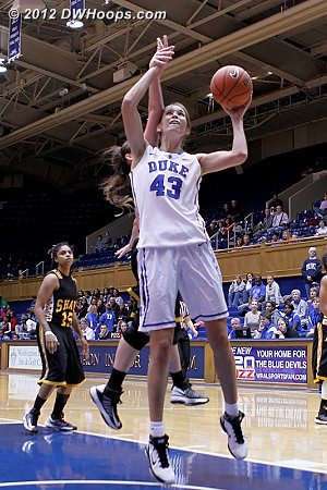 Vernerey scores with her left hand, fending off the defender with her right  - Duke Tags: #43 Allison Vernerey - SHAW Players: #41 Jessica Anderson 