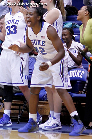 Gray celebrates the Frush trey  - Duke Tags: #12 Chelsea Gray 