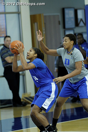 Sierra Moore works past Joy Cheek during a drill  - Duke Tags: #5 Sierra Moore, Joy Cheek  