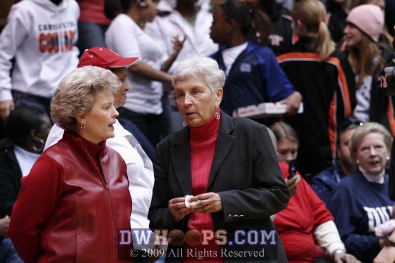 NC State Associate Head Coach Stephanie Glance and hall-of-famer Kay Yow confer before their 2008 game at Duke
