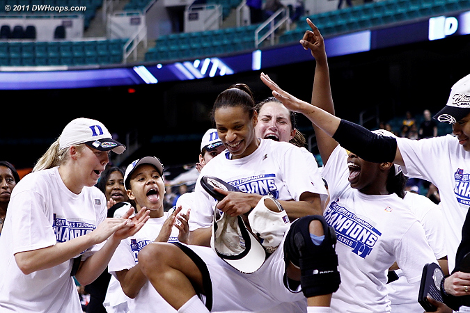 Tournament MVP Jasmine Thomas hoisted high by her teammates  - Duke Tags: #5 Jasmine Thomas 