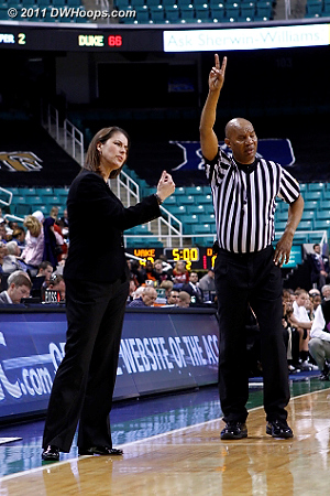 Wesley Dean signals two shots for Duke as Coach P calls Tricia Liston over to her