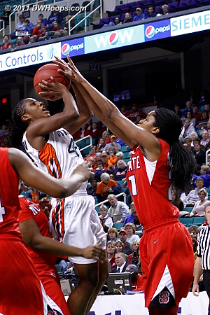 Block by Strachan  - NCSU Players: #21 Brittany Strachan - MIA Tags: #42 Shenise Johnson 