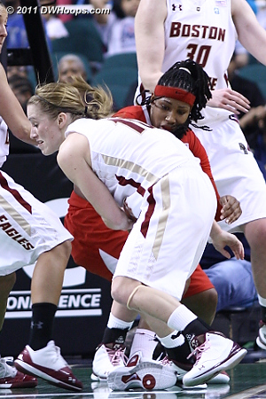Shields gets a crucial steal  - BC Players: #10 Kerri Shields - NCSU Tags: #00 Amber White 