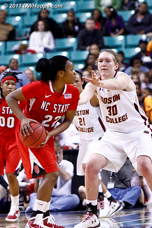 State looks for an opening  - BC Players: #30 Carolyn Swords - NCSU Tags: #22 Bonae Holston 