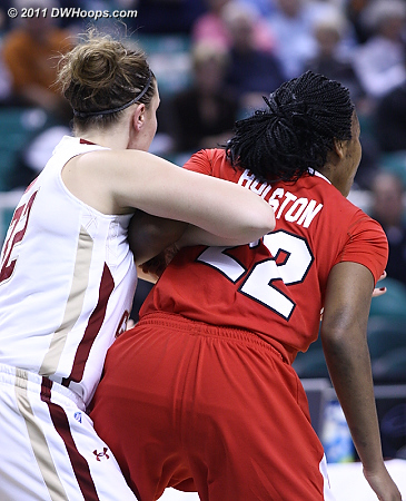 Battle for position in the paint  - BC Players: #32 Stefanie Murphy - NCSU Tags: #22 Bonae Holston 