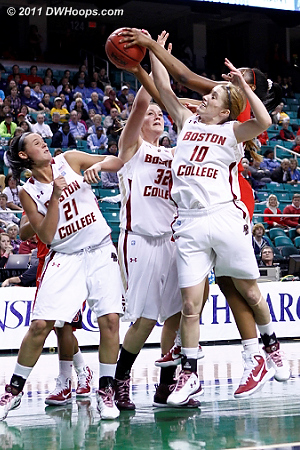 Rebound battle - BC owned the boards 25-14 in the first half  - BC Players: #21 Kristen Doherty, #32 Stefanie Murphy, #10 Kerri Shields 