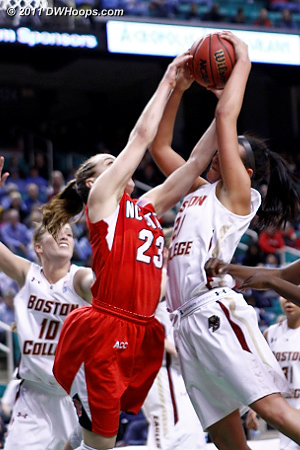 Foul on Kastanek  - BC Players: #21 Kristen Doherty - NCSU Tags: #23 Marissa Kastanek 