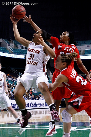 Ruffin drive and miss  - BC Players: #31 Tiffany Ruffin - NCSU Tags: #22 Bonae Holston, #23 Marissa Kastanek 