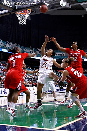 Ruffin miss  - BC Players: #31 Tiffany Ruffin - NCSU Tags: #1 Myisha Goodwin-Coleman, #22 Bonae Holston, #23 Marissa Kastanek 