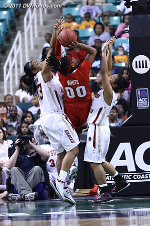 White got the rebound and was fouled  - BC Players: #33 Korina Chapman, #31 Tiffany Ruffin - NCSU Tags: #00 Amber White 