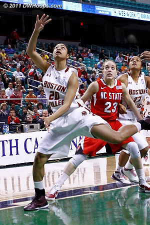 Brown tosses up a layup and is fouled  - BC Players: #20 Shayra Brown - NCSU Tags: #23 Marissa Kastanek 