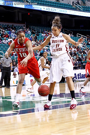 NC State press forcing a turnover  - BC Players: #11 Jaclyn Thoman - NCSU Tags: #10 Devin Griffin 